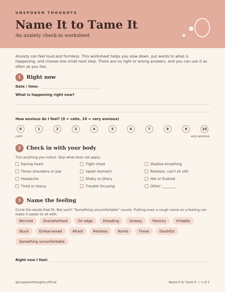 Name It to Tame It anxiety worksheet, page one